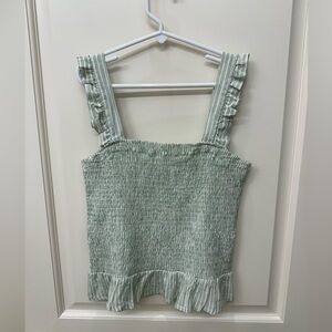 Smocked Square Neck Ruffle Tank Top - Sage Green size M